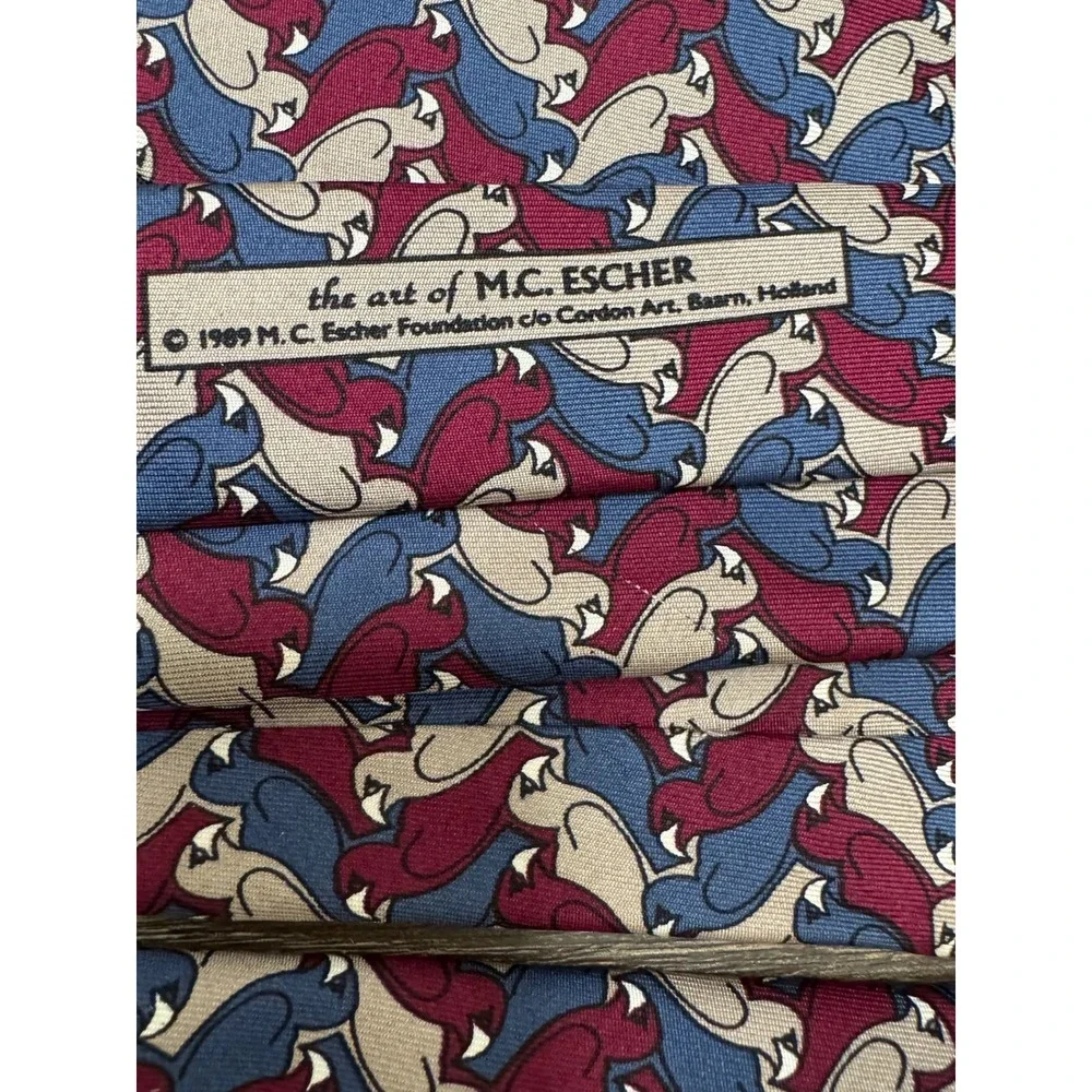 Vintage 1989 MC Escher Bird Tessellation Silk Tie The Boxelder Company Burgundy